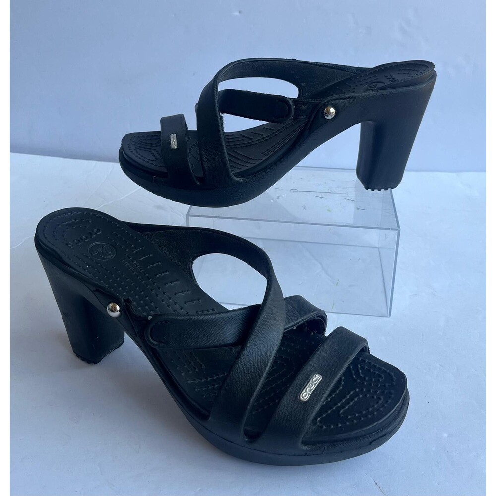 Crocs Leigh Black Wedge Heels Women’s 8 Strappy Sandals Slip On
